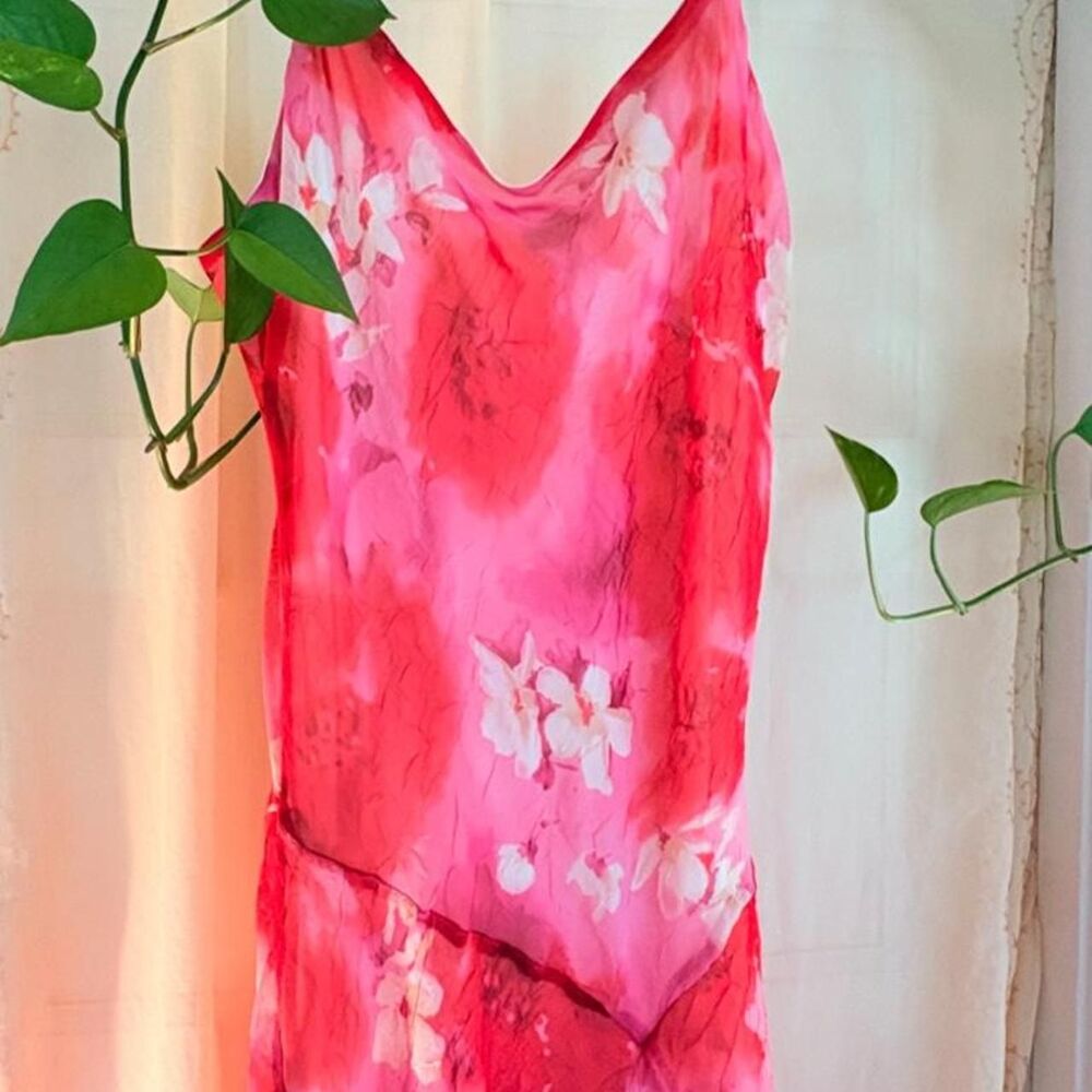 Vintage Y2K Charlotte Russe Pink Floral Slip Dress Bias Cut Midi Fairycore L